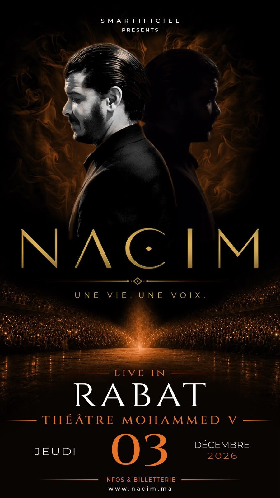 NACIM — Une vie. Une voix. Live in Rabat, Théâtre Mohammed V, jeudi 3 décembre 2026.